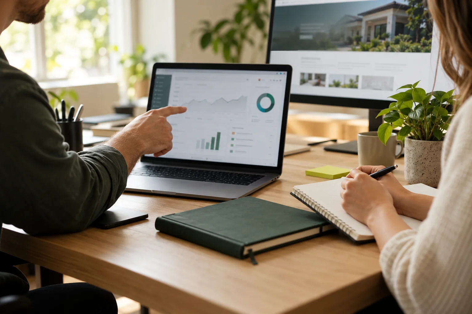 A collaborative marketing workspace with a laptop, notebook, and campaign planning materials